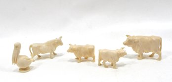 Vintage Miniature Hand Carved Animals Figures: Pelican, Cows, Bull