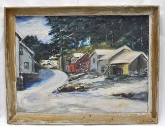 Antique Landscape With Cabins Oil Painting Signed MOUNT
