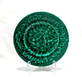 Antique Early Majolica Emerald Green Leaf Leaves Basket Weave  Round Plate