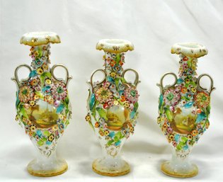 Set 3 Antique 19th C. Staffordshire Flower Encrusted Vases With Landscapes