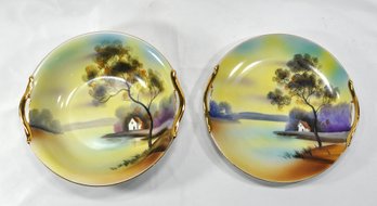 Pair Vintage Noritake Hand Painted Bowls - Sunrise On The Lake Landscape