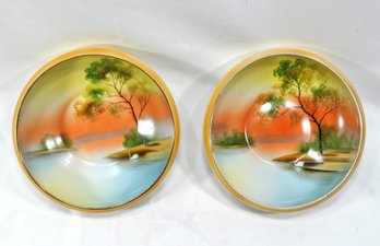 Pair Vintage Noritake Hand Painted Bowls - Sunset On The Lake Landscape