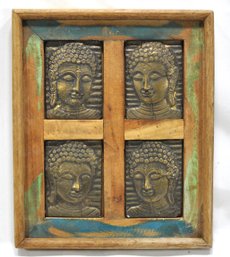 Recycled Wood Plaque With Four Bronze Buddha Heads