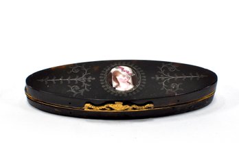 Antique 18th C. French Snuff Box, Navette Of Tortoise Shell, Gold, Miniature Portrait