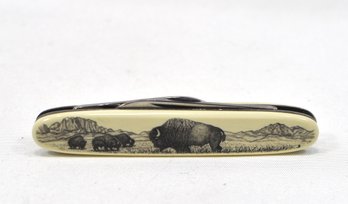 Vintage Barlow Folding Knife Carved Landscape With Bisons