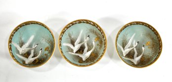 Set 3 Miniature Antique NIPPON Moriage Jeweled FLYING SWANS Footed Bowls