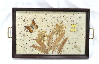 Vintage Wood Serving Tray Dried Pressed Flowers & Butterflies