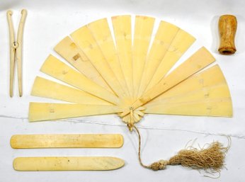 Lot Of Hand Carved Antique Items: Fan, Glove Stretcher, Corset Busk