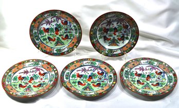 Set 5 Qianlong Chinese Porcelain Hand-painted Plates With Roosters