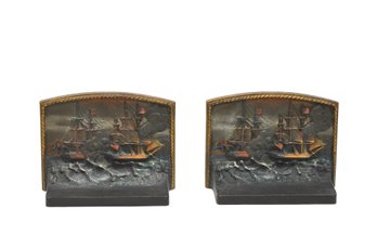 Antique Bradley & Hubbard B & H Cast Iron Bookends - Ship Battle Scene American Flag