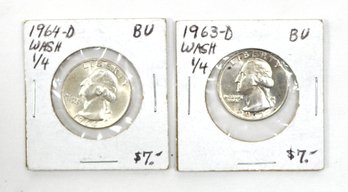 1964-D 1963-D Washington Silver Quarters BU