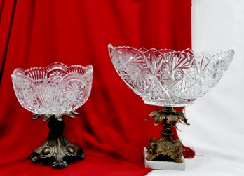 Pair Vintage Cut Glass Beads Pedestal Centerpieces With Crystals Compote Fruit Bowl