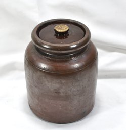 Antique Brown Stoneware Crock With Lid