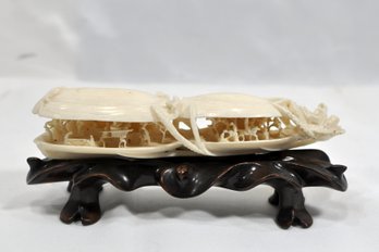 Antique Asian Carved Double Clam With Interior Scene