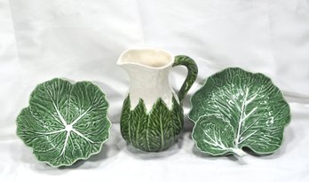 Set Bordallo Portuguese Cabbage Leaf Dishes And Pitcher