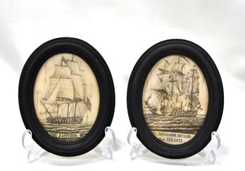Pair Vintage Small Carved Framed Scrimshaw Resin Ship Pictures