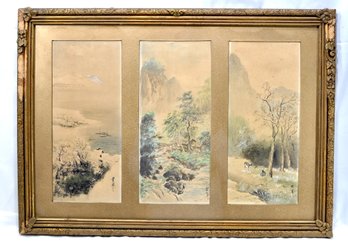 Antique Asian Triptych Landscape Signed Paintings