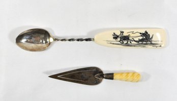 Vintage Sterling Scrimshaw Artist Signed Spoon & Miniature Bookmark