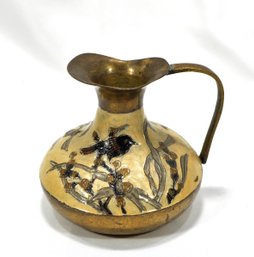 Vintage Brass Cloisonne Art Vase Pitcher With Bird & Flowers