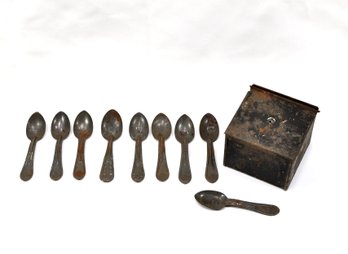 Antique Metal Toy Spoons And Box