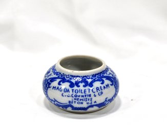 Antique Blue Porcelain Magda Toilet Cold Cream Jar CJ Countie Boston USA Dove
