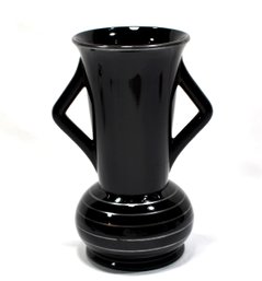 Art Deco Vintage Ebony Black Glass Trophy Vase, Double Handled Urn W/ Silver