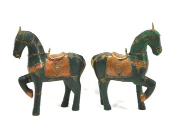 Pair Vintage  Asian Wood Carved Horses Embellished With Copper And Brass Accents