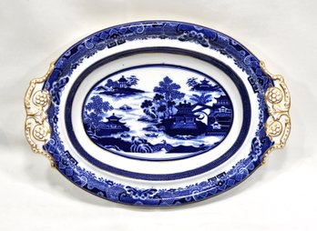 Antique COPELAND  Blue & White Tray/ Handled Platter Oriental Motif