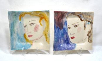 Pair Vintage Signed Girl Portrait Painting Square Plates