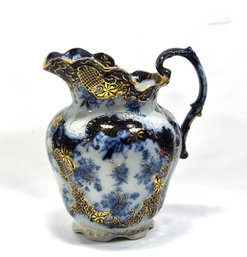 Large Antique 1800s FLANDERS Porcelain Flow Blue Gilt Pitcher