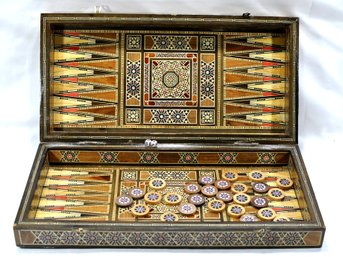Vintage  Folding Mosaic Inlaid Chess Board Box With Backgammon Game