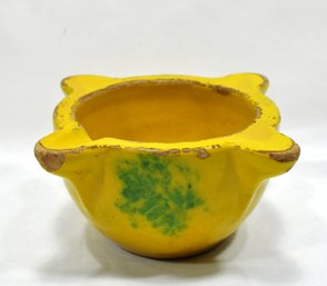 Antique Stoneware Mortar In Brilliant Mustard Yellow Glaze With Green Splashes