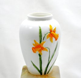 Vintage Art Deco Milk White Glass Vase Daffodil Hand Painted Embossed Flower