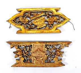 Pair Antique Gilt Carved Wood Panels With Flowers