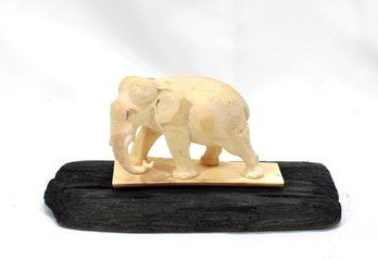 Antique Hand Carved Elephant On Wood Base