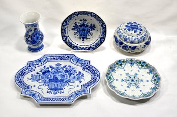 Vintage DELFT Porcelain Lot: Trays, Vase, Candy Dish
