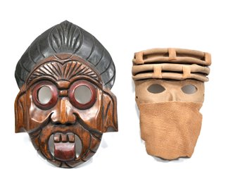 Pair Of Masks - Hand Made Art Pottery And Wood Carved Devil