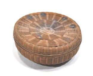 Antique Chinese Wicker Round Sewing Basket