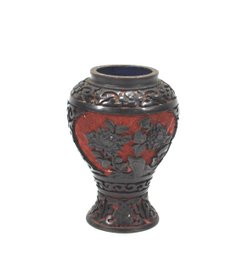 Vintage Cinnabar Red Lacquer Deep Carved Black Blue Enamel Brass Vase