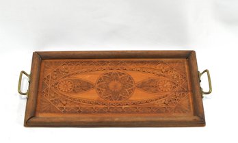 Small Vintage Amsterdam 1924 Carved Wood Tray With Brass Handles