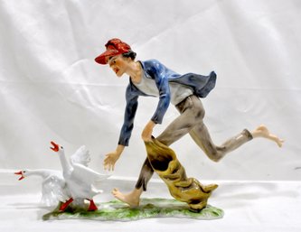 Vintage KAISER Germany 'Goose Thief' Barefoot Boy Chasing Birds With Sac