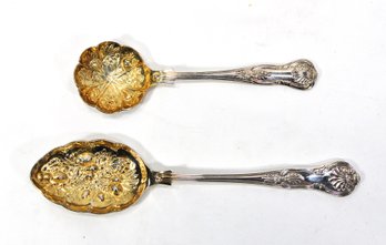 Pair Vintage Sheffield England Silver Repousse Fruit / Berry Serving Spoons