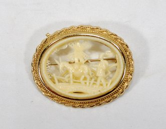 Vintage CORO Gold Tone Carved Celluloid Scenic Pin Brooch