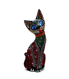Carved Wood Cat Figure Hand Painted Pointillism