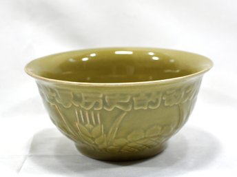 Vintage Asian Porcelain  Green Glaze Raised Design Bowl