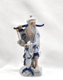 Vintage Chinese Blue And White Ceramics Fisherman Statue