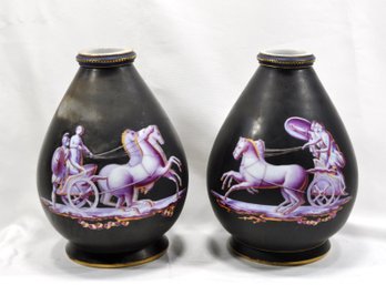 Pair Antique Vases - Neoclassical Greek  Hand Painted Chariot Horses