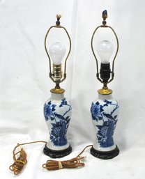 Pair Antique Chinese Blue & White Porcelain Table Lamps