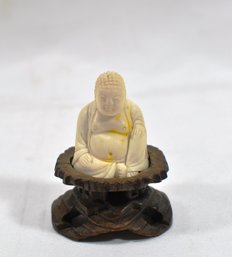 Miniature Antique Hand Carved Buddha On Wood Stand