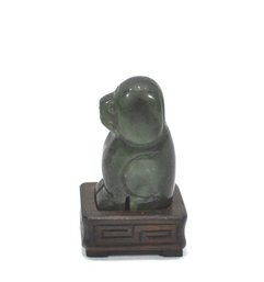 Vintage Chinse Carved Jade Dog Figure On Wooden Stand